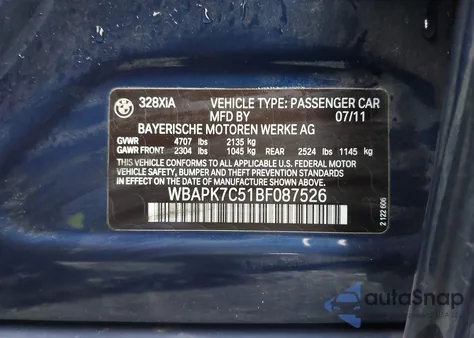 2011 BMW 328I xDrive из США, поврежденный, VIN WBAPK7C51BF087526